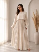 LITZO Women’s One Piece Dress - Georgette Solid Color Western Gown | Long Sleeve Round Neck Fit & Flare Flared Hem Design | A-Line Maxi Dress for Women | New Year Party Outfit (NO-17-18) - Image 5
