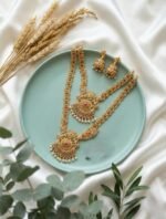 South Indian Traditional Antique Matte Gold Finish Goddess Lakshmi & Peacock Motif Long Necklace Set with Jhumka Earrings for Women | Ethnic Temple Jewellery for Weddings, Brides & Festivals (Ghummar) - Image 6