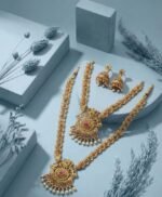 South Indian Traditional Antique Matte Gold Finish Goddess Lakshmi & Peacock Motif Long Necklace Set with Jhumka Earrings for Women | Ethnic Temple Jewellery for Weddings, Brides & Festivals (Ghummar) - Image 8