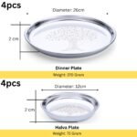 LIMETRO STEEL Stainless Steel Dinner Set for 4, 24-Piece Indian Thali Set with Plates, Bowls, Katori, Glasses, Spoons & Forks, Tree Design (Set of 24- Serves 4) - Image 3
