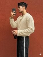 Polycotton Men's Textured Fabric Solid Half-Open Collar T-Shirt,Full Sleeve Casual Shirt for Men,Comfortable Fall Wear, Relaxed Fit - Image 2