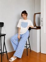 KSHS Women's Cotton Blend Plaid Pyjama Set, White Tee and Black Checkered Pants - Image 2