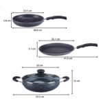 Amazon Brand - Solimo 6 Piece Non-Stick Cookware Set | Granite Finish | Induction Base | PFOA Free | HTR Exterior Coating | 25cm Tawa, 22 cm Kadai, 22cm Fry Pan, 1 Glass Lid & 2 Nylon Spatulas | Grey - Image 8