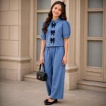 Girls Denim Cotton Puff Sleeve T-Shirt with Plazo Set Stylish Casual Denim Look Top & Wide Leg Pants Set for Girls Trendy Comfortable Daily Wear & Outdoor - Image 4
