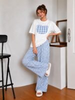 KSHS Women's Cotton Blend Plaid Pyjama Set, White Tee and Black Checkered Pants - Image 5