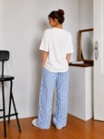 KSHS Women's Cotton Blend Plaid Pyjama Set, White Tee and Black Checkered Pants - Image 3