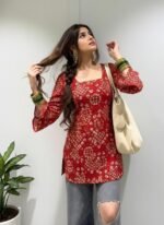 ANNI Designer Women’s Viscose Blend Printed Short Kurti | Straight Fit Casual Ethnic Top | Square Neck Full Sleeve Kurta Office College - Image 4