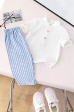 Baby Boy Outfit Set Mandarin Collar Shirt & Striped Pants Comfortable Summer Dress - Image 2