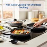 Amazon Brand - Solimo 6 Piece Non-Stick Cookware Set | Granite Finish | Induction Base | PFOA Free | HTR Exterior Coating | 25cm Tawa, 22 cm Kadai, 22cm Fry Pan, 1 Glass Lid & 2 Nylon Spatulas | Grey - Image 3