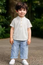 Baby Boy Outfit Set Mandarin Collar Shirt & Striped Pants Comfortable Summer Dress - Image 5