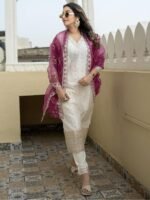 VredeVogel Women's Chanderi Silk Embroidered Kurta with Pant & Organza Dupatta Set | Casual Outfit Ethnic Kurta Set for Women | Modern & Traditional Blend Ethnic Wear - Image 3