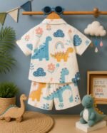 H&J Lifestyle Baby Boy Cotton Shirt & Shorts Set | Cute Pastel Dinosaur Rainbow Floral Theme Printed Half Sleeve Casual Summer Outfit for Kids | Boys Clothing Set (1-5 Years, Cream) - Image 3