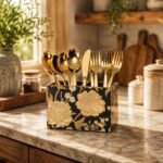 Wooden Spoon Holder for Dining Table | 2-Section Cutlery Storage Box | Kitchen Utensil Organizer with Elegant Gold black Pattern | Multipurpose Tabletop Stand | 10 x 16 x 12 cm (Black Design) - Image 6