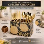 Wooden Spoon Holder for Dining Table | 2-Section Cutlery Storage Box | Kitchen Utensil Organizer with Elegant Gold black Pattern | Multipurpose Tabletop Stand | 10 x 16 x 12 cm (Black Design) - Image 4