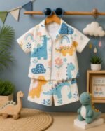 H&J Lifestyle Baby Boy Cotton Shirt & Shorts Set | Cute Pastel Dinosaur Rainbow Floral Theme Printed Half Sleeve Casual Summer Outfit for Kids | Boys Clothing Set (1-5 Years, Cream) - Image 2