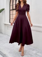 Shasmi Girl's & Women's Solid Color V-Neck A-Line Maxi Dress for Women | New Year Party Outfit | Waist Cinched Puff Sleeve Western | Elegant Casual Wear (Dress 246) - Image 5
