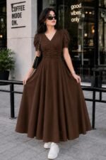 Preneum Girl's & Women's Solid Color V-Neck A-Line Maxi Dress for Women | New Year Party Outfit | Waist Cinched Puff Sleeve Western | Elegant Casual Wear (Availble in Plus Size) - Image 2