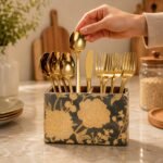 Wooden Spoon Holder for Dining Table | 2-Section Cutlery Storage Box | Kitchen Utensil Organizer with Elegant Gold black Pattern | Multipurpose Tabletop Stand | 10 x 16 x 12 cm (Black Design) - Image 2