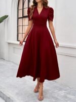 Shasmi Girl's & Women's Solid Color V-Neck A-Line Maxi Dress for Women | New Year Party Outfit | Waist Cinched Puff Sleeve Western | Elegant Casual Wear (Dress 246) - Image 3