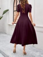 Shasmi Girl's & Women's Solid Color V-Neck A-Line Maxi Dress for Women | New Year Party Outfit | Waist Cinched Puff Sleeve Western | Elegant Casual Wear (Dress 246) - Image 2