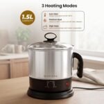 SOLARA Electric Kettle Multipurpose 1.5 Litre, 600 Watts, Stainless Steel Body with Glass Lid, 3 Boiling Modes, for Hot Water, Milk, Tea, Coffee, Cooking Oats, Noodles, Soup, Egg Boiler Machine-Black - Image 2