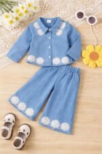 Baby Girls Toddler Soft Denim Premium Outfit Set Long Sleeve Button-Up Shirt with Lace Floral Embroidery & Wide Leg Pants, 2-Piece Casual Clothing Set Baby Girls Denim Cord Set - Image 2