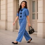 Girls Denim Cotton Puff Sleeve T-Shirt with Plazo Set Stylish Casual Denim Look Top & Wide Leg Pants Set for Girls Trendy Comfortable Daily Wear & Outdoor - Image 2