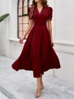 Shasmi Girl's & Women's Solid Color V-Neck A-Line Maxi Dress for Women | New Year Party Outfit | Waist Cinched Puff Sleeve Western | Elegant Casual Wear (Dress 246) - Image 4