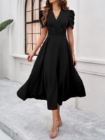 Shasmi Girl's & Women's Solid Color V-Neck A-Line Maxi Dress for Women | New Year Party Outfit | Waist Cinched Puff Sleeve Western | Elegant Casual Wear (Dress 246) - Image 4