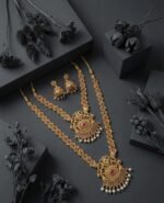 South Indian Traditional Antique Matte Gold Finish Goddess Lakshmi & Peacock Motif Long Necklace Set with Jhumka Earrings for Women | Ethnic Temple Jewellery for Weddings, Brides & Festivals (Ghummar) - Image 5