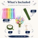Pipe Cleaners for Craft Flower Making,Fuzzy Chenille Stems and Fluffy Sticks with Floral Tape and Wire, for Kids Arts and Crafts|Pastel colors (pipe cleaners-100/stem wire-15/green tape-1) - Image 2