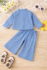 Baby Girls Toddler Soft Denim Premium Outfit Set Long Sleeve Button-Up Shirt with Lace Floral Embroidery & Wide Leg Pants, 2-Piece Casual Clothing Set Baby Girls Denim Cord Set - Image 3