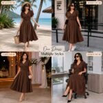 Preneum Girl's & Women's Solid Color V-Neck A-Line Maxi Dress for Women | New Year Party Outfit | Waist Cinched Puff Sleeve Western | Elegant Casual Wear (Availble in Plus Size) - Image 5