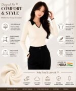 BLACK BUDDY Women's Cotton Blend Full Sleeve Collared V Neck T Shirt for Women | Regular Fit Solid Rib Knit Stretch Top | Casual Office College Formal T Shirt | S-XXL - Image 5