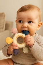 KLIMET Silicone & Wooden Baby Teether for 0-12 Months | Food Grade Silicone Teething Toy | Soft & Safe Gum Relief | BPA Free Chew Toy for Infants 3-6, 6-12 Months | Teething Toys for Babies | Round Shape (Round Ring) - Image 2