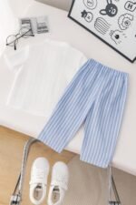 Baby Boy Outfit Set Mandarin Collar Shirt & Striped Pants Comfortable Summer Dress - Image 4