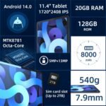 11 inch Tablet, Android 14 Tablet, Android Tablets with Case, 2.4K HD Touchscreen, Helio G99 Octa-core MTK8781, 20GB (8+12)+128GB, 2TB Expandable, 8000mAh, Wi-Fi 6, BT5.2, GPS, Tablets for Adults - Image 4