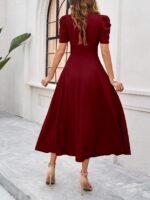 Shasmi Girl's & Women's Solid Color V-Neck A-Line Maxi Dress for Women | New Year Party Outfit | Waist Cinched Puff Sleeve Western | Elegant Casual Wear (Dress 246) - Image 2