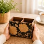Wooden Spoon Holder for Dining Table | 2-Section Cutlery Storage Box | Kitchen Utensil Organizer with Elegant Gold black Pattern | Multipurpose Tabletop Stand | 10 x 16 x 12 cm (Black Design) - Image 3