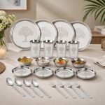 LIMETRO STEEL Stainless Steel Dinner Set for 4, 24-Piece Indian Thali Set with Plates, Bowls, Katori, Glasses, Spoons & Forks, Tree Design (Set of 24- Serves 4) - Image 5
