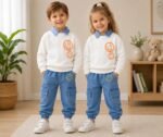 Bold N Elegant Baby Boys Denim Solid Happy Face Smile Print Full Sleeve Collar T-Shirt and Pant Party Clothing Set - Image 2