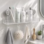 UNTERI-PRO Acrylic Set of 1 Wall Mounted Bathroom Shelf Organizer| Shower Caddy with Hooks, Multipurpose Shower Storage Rack for Shampoo, Soap, Bottles, Towels & Bathroom Accessories - Image 2