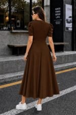 Preneum Girl's & Women's Solid Color V-Neck A-Line Maxi Dress for Women | New Year Party Outfit | Waist Cinched Puff Sleeve Western | Elegant Casual Wear (Availble in Plus Size) - Image 3