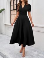Shasmi Girl's & Women's Solid Color V-Neck A-Line Maxi Dress for Women | New Year Party Outfit | Waist Cinched Puff Sleeve Western | Elegant Casual Wear (Dress 246) - Image 3