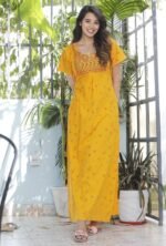 DIAMO Pure Cotton Embroidery Nighty for Women, Cotton Night Gown, Night Maxi Gown, Cotton Nighty with a Pocket and Adjustable Knot - Image 2