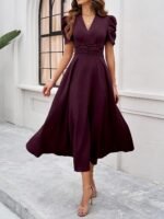 Shasmi Girl's & Women's Solid Color V-Neck A-Line Maxi Dress for Women | New Year Party Outfit | Waist Cinched Puff Sleeve Western | Elegant Casual Wear (Dress 246) - Image 4