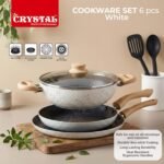 Crystal Aluminum 6 Pcs Non Stick Cookware Set with Induction Bottom | Tawa, Fry Pan, Kadhai with Lid, Laddle & Spatula | Durable 4 Layer Non Stick Coating | PFOA Free | White - Image 3