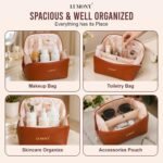 LUMONY® Makeup Pouch Bag Leather Large Capacity Travel Toiletries Organizer Cosmetic Bag with Handle and Divider Multifunctional Makeup Bag for Easy Access Waterproof (Brown) - Image 5