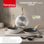 Crystal Aluminum 6 Pcs Non Stick Cookware Set with Induction Bottom | Tawa, Fry Pan, Kadhai with Lid, Laddle & Spatula | Durable 4 Layer Non Stick Coating | PFOA Free | White - Image 2