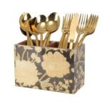 Wooden Spoon Holder for Dining Table | 2-Section Cutlery Storage Box | Kitchen Utensil Organizer with Elegant Gold black Pattern | Multipurpose Tabletop Stand | 10 x 16 x 12 cm (Black Design) - Image 9